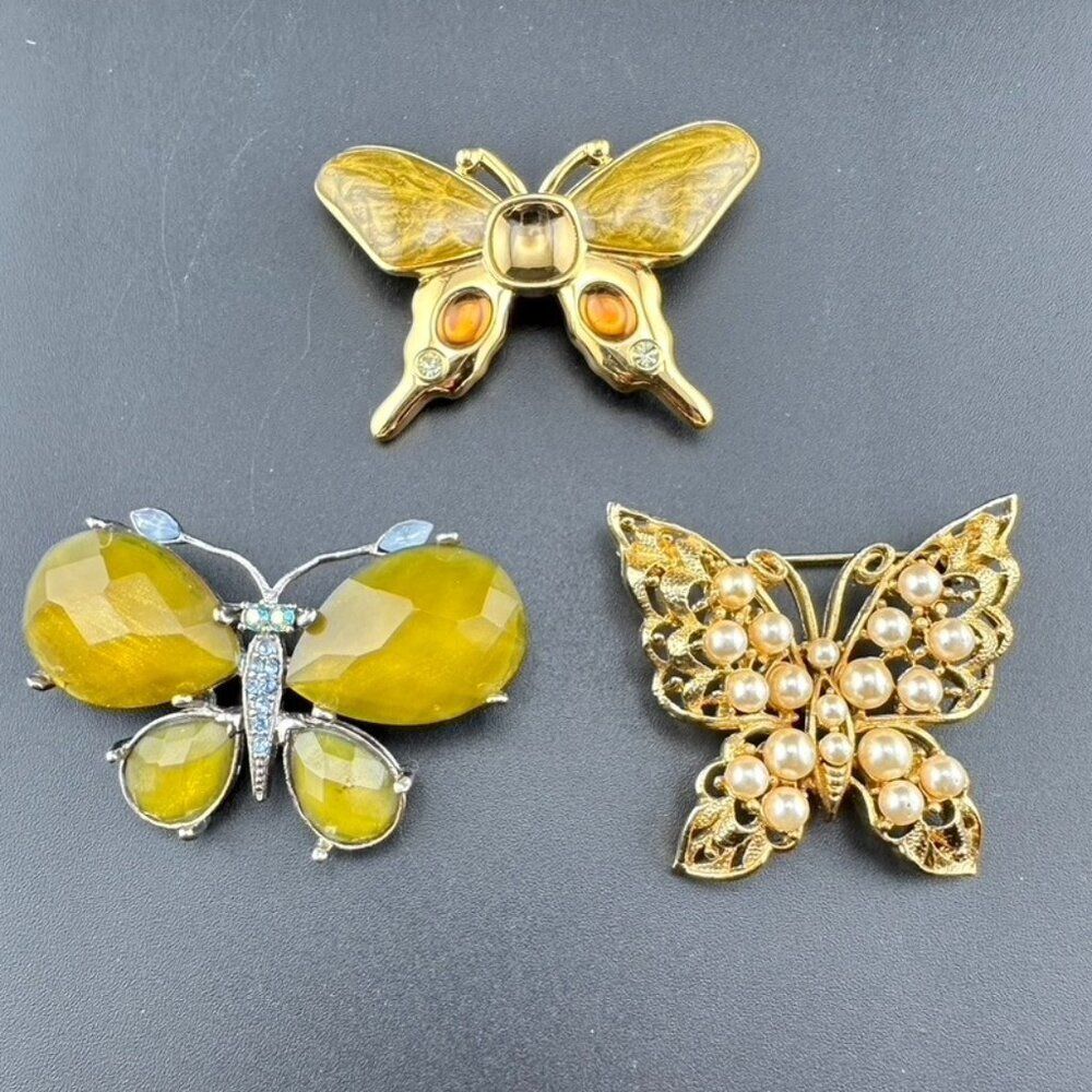 Vintage Butterfly Brooch Lot - Gold silver tone faux pearl rhinestone